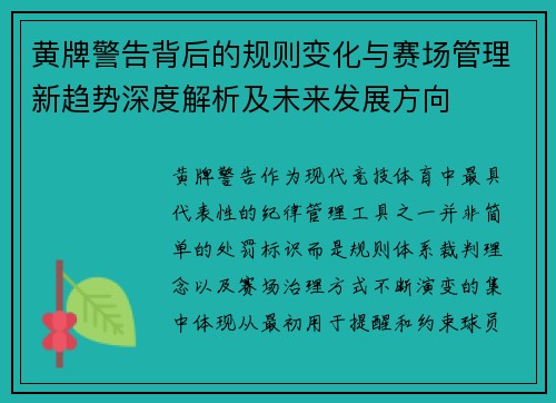 黄牌警告背后的规则变化与赛场管理新趋势深度解析及未来发展方向